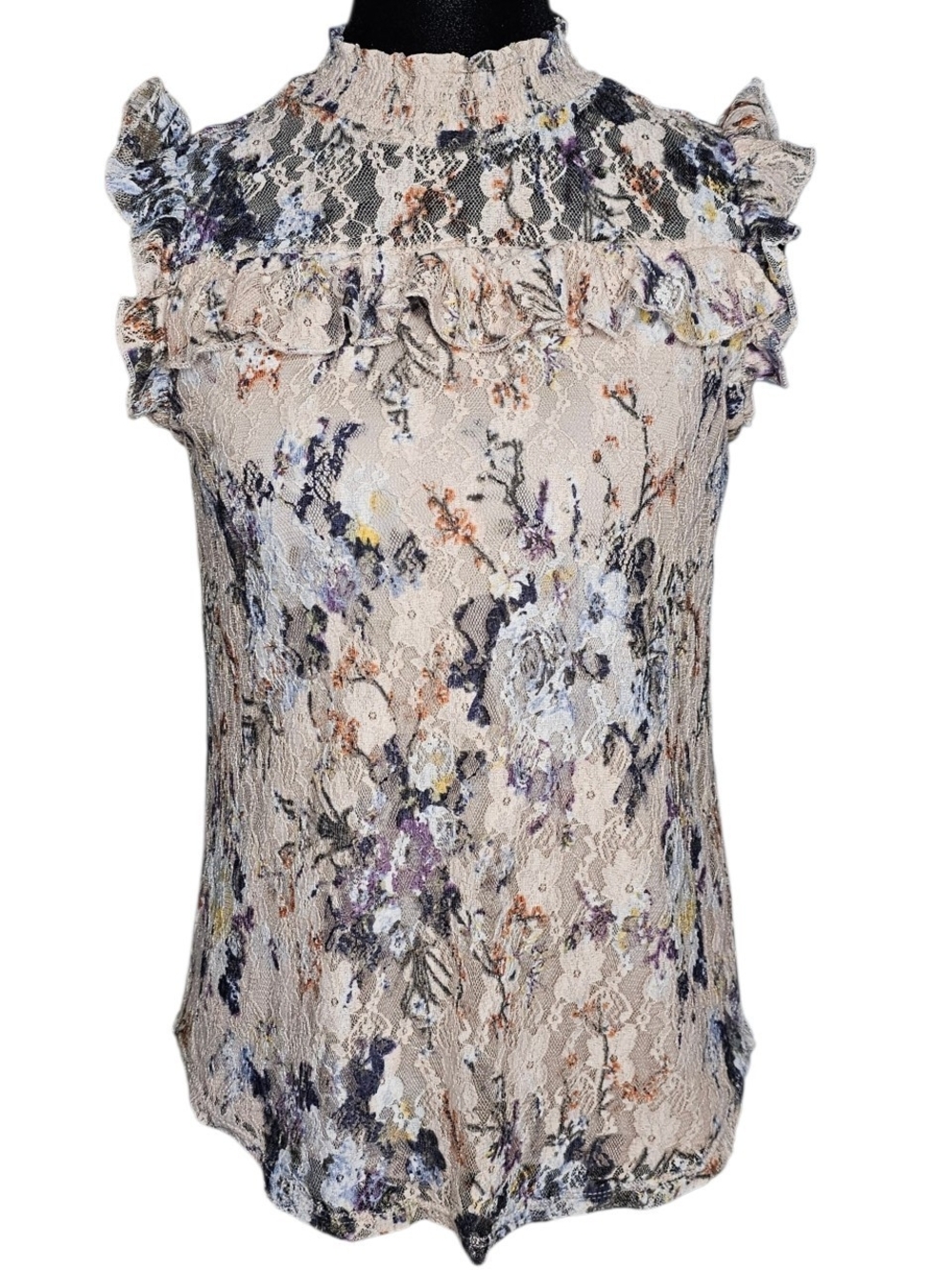 Beautiful Almost Famous Floral Lace Mock Neck Top with Ruffles S